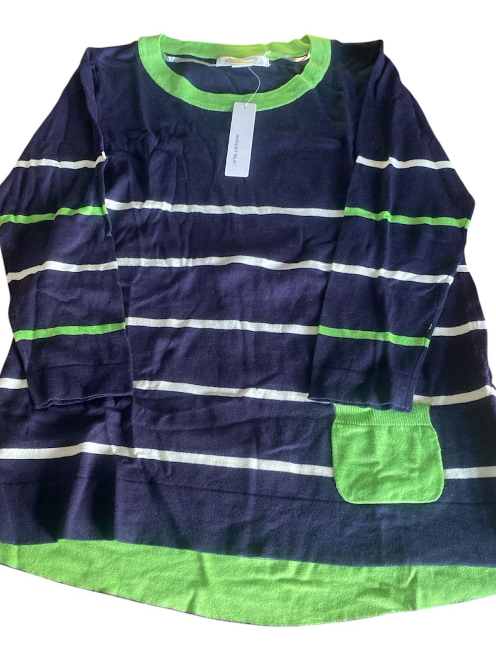 NWT Striped Navy & Lime Green Crewneck Sweater S I44